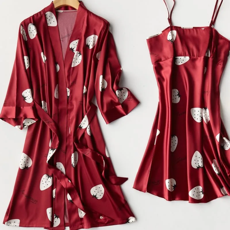 

Summer Women 2PCS Robe Set Satin Faux Silk Loungewear Print Sleepwear Kimono Bathrobe Gown Loose Casual Nightwear Home Wear