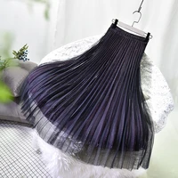 bling shiny metallic a line long tulle skirt 2022 new gradient color 3 layers korean style mesh skirts for women jupe femme