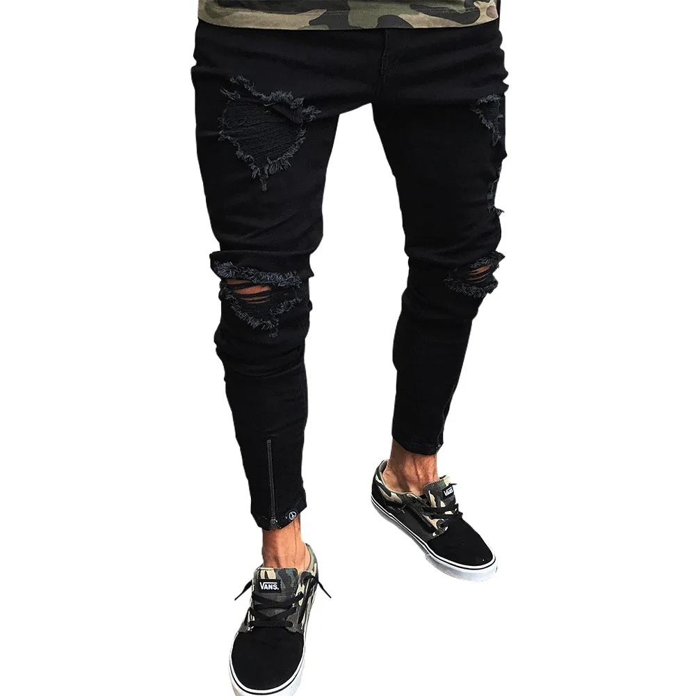 Mens Clothing Cool Designer Brand Black Jeans Skinny Ripped Destroyed Stretch Slim Fit Hop Hop Pants with Holes for Men Zipper
