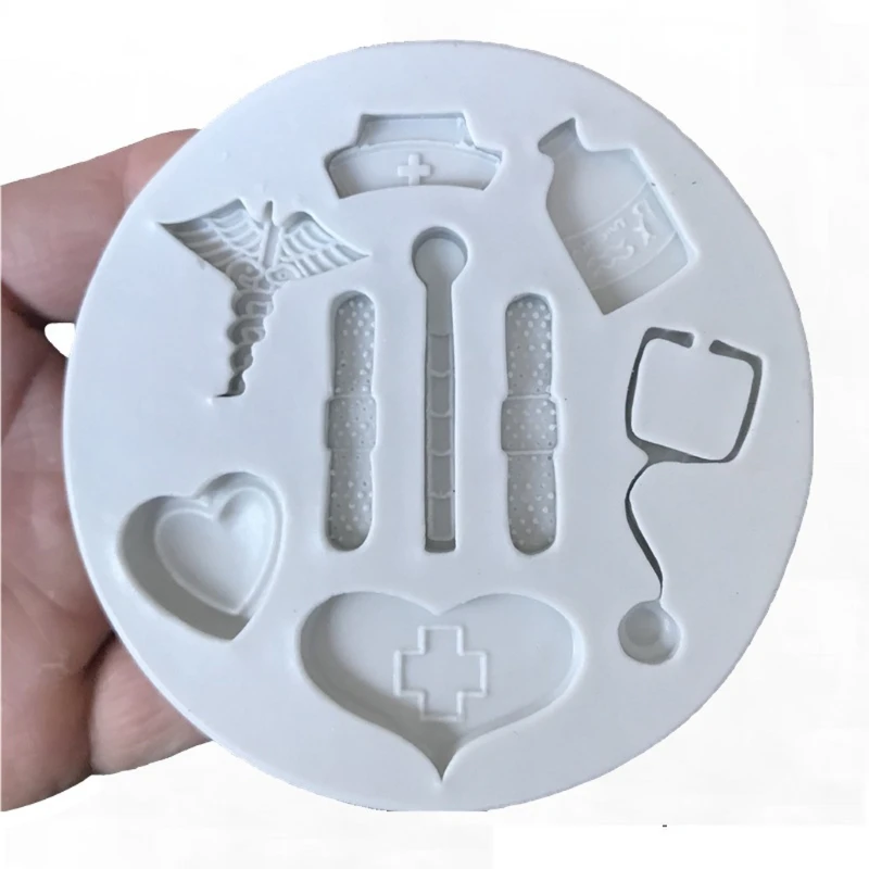 

Nurse Theme Fondant Mold Nurse Hat Stethoscope Pill Bottle Bandage Thermometer Medical-Candy Silicone Resin Mold Tools