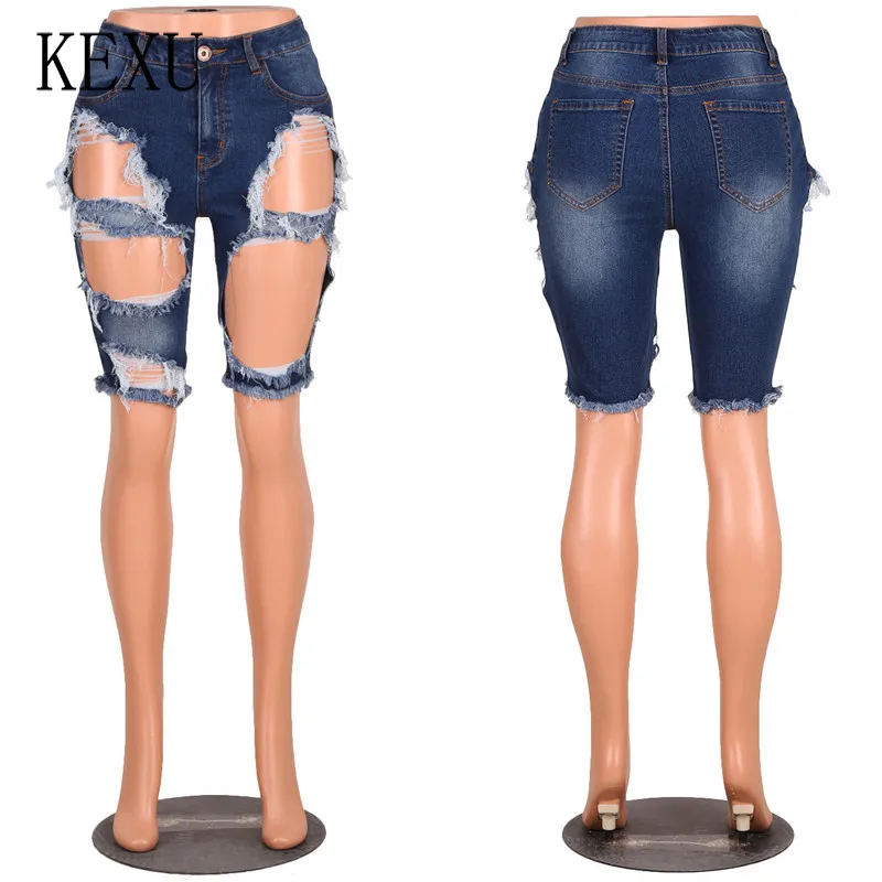 

KEXU Hollow Out Hole Knee Length Jeans Cut Out Club Party Denim Pants