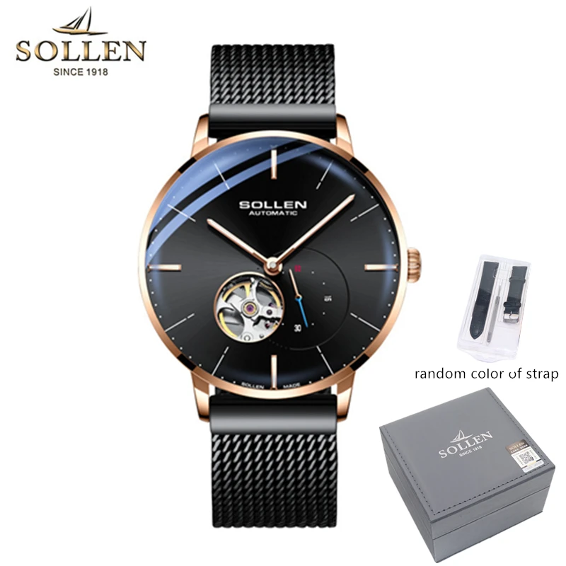 

SOLLEN Luxury Brand Automatic Mechanical Men Watches Waterproof Luminous Skeleton Fashion Mesh Steel Business Male Clock 305X