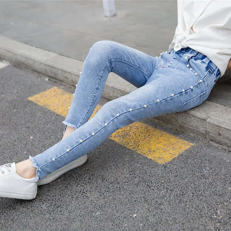 Джинсы 7/8 новая одежда для маленьких девочек с жемчугом и джинсовые брюки 2021