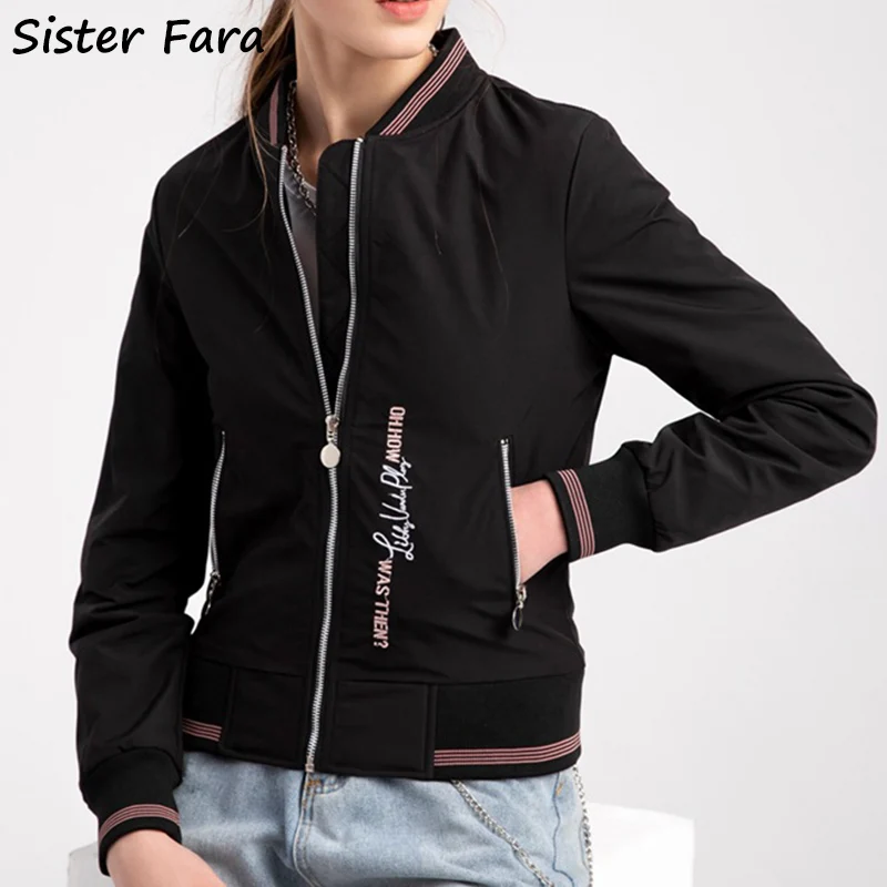 

Sister Fara New Embroidery Cotton Bomber Jacket Coat Women Spring Stand Collar Jackets Coat Autumn Female Solid Baseball Jackets