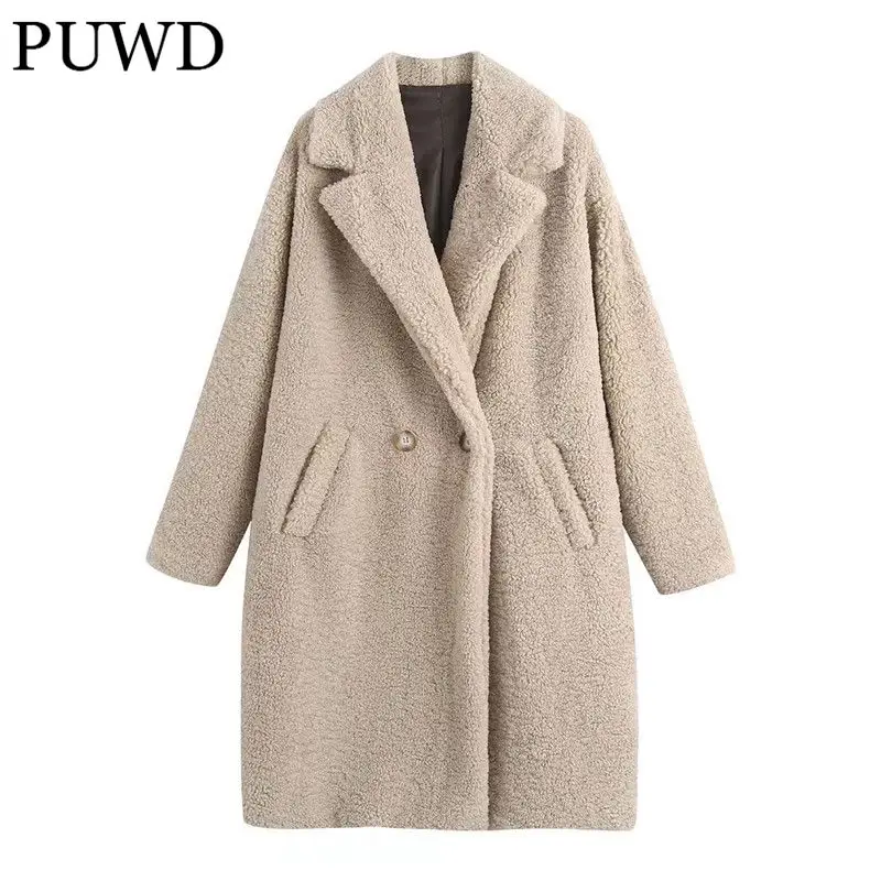 

PUWD Oversize Women V Neck Straight Coat 2021 Autumn Fashion Ladies Casual Loose Coat Female Solid Color Faux Fur Coat Jacket