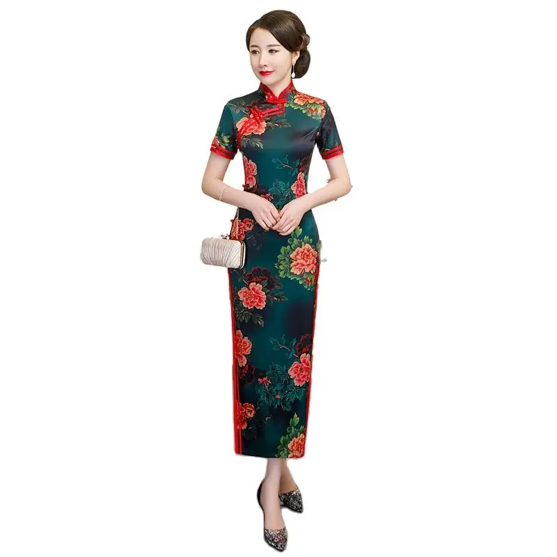 

Green Chinese Vintage Dress Sexy Slim Printed Qipao Short Sleeve Satin Summer Cheongsams Traditional Oriental Prom Formal Gown