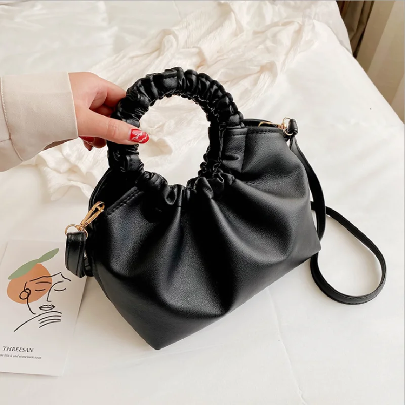 

Female Crossbady Bag Soft Pu Leather Solid Color Pleated Handbags Retro New Design Bucket Bags
