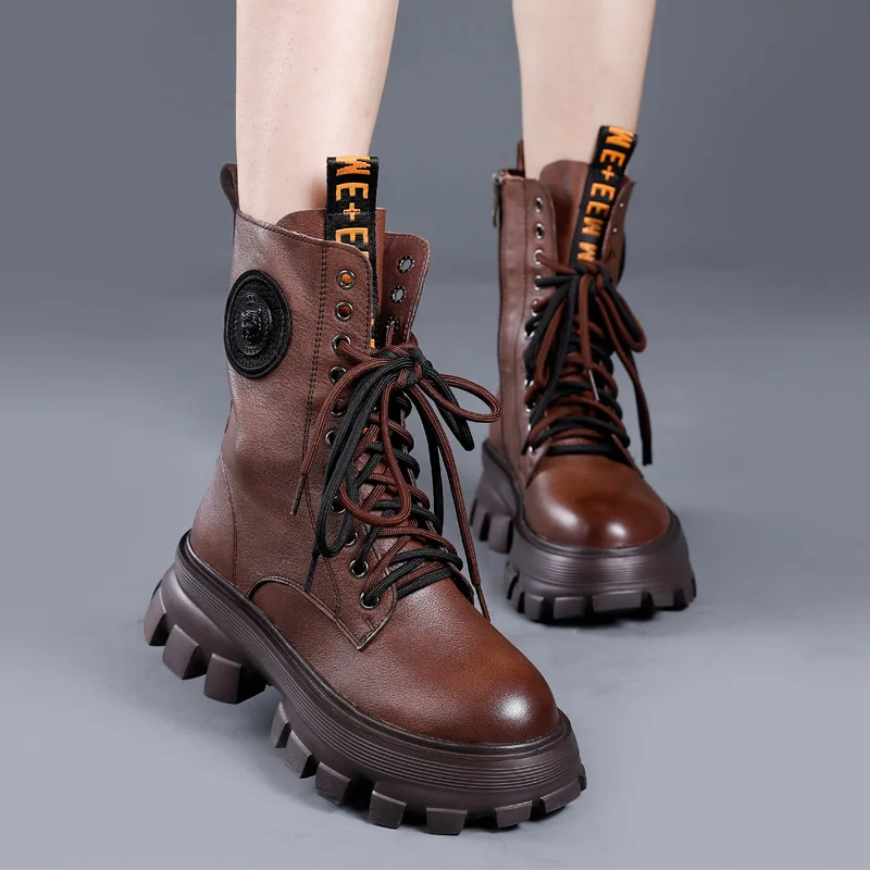 

Birkuir Genuine Leather Women Boots 2021 Autumn Winter Hoof Heels Ankle Boots ZIP Women Short Boots British Style Platform Boots