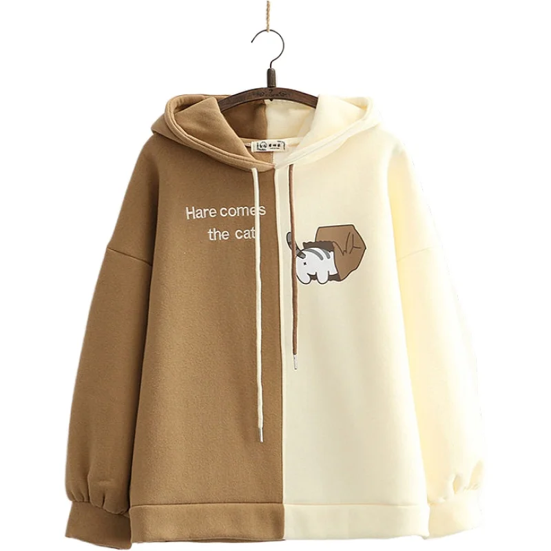 Women's Fleece Warm Hoodies Female Loose Long Sleeve 2020 Winter New Arrival Patchwork Hooded Sweatshirts Top 2011125