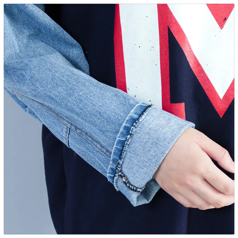 

Johnature New Casual Korean Patchwork Denim Loose Women Tops 2021 Spring Letter Print O-neck Female T-Shirts