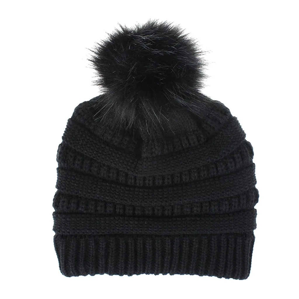 Women Girls Hat Keep Warm Winter Caps Foe Hairball Knitted Hats Wool Hemming Fur Ball 8 Colors Solid Ski | Аксессуары для одежды