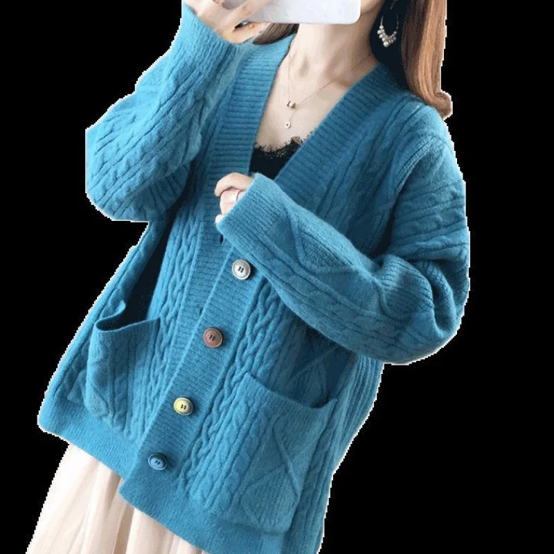 

Women Argyle Cardigan Sweater 2020 Fall Soft Cotton Loose Knitted Hot Tide V-Neck Thick Winter Korean Casual Simple Chic Jacket