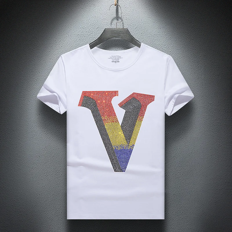 

T-Shirt Men 2021 Summer Fashion Slim Casua I V Rhinestone Cotton Tshirts High Quality Streetwear Big Size S-5XL Blusa Masculina