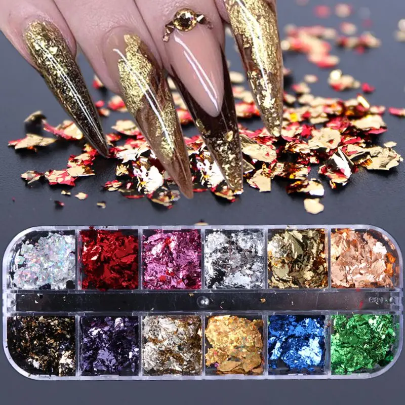 

12 Girds/Set Nail Art Color Glitter Paper Sheet Flake Irregular Rainbow Foil Paillette Chip DIY Decoration Sticker Manicure Tool