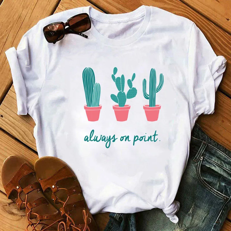 

New Fashion Women Tshirt Cartoon Cactus and Shoes Printed Tops Tee Harajuku T-shirt Cute Tee Female Graphic T-shirts Clothes Fem