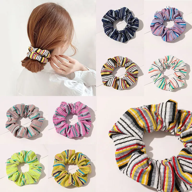 Вязаные резинки для волос цветные полосатые хвост радуги яркие цвета винтажные