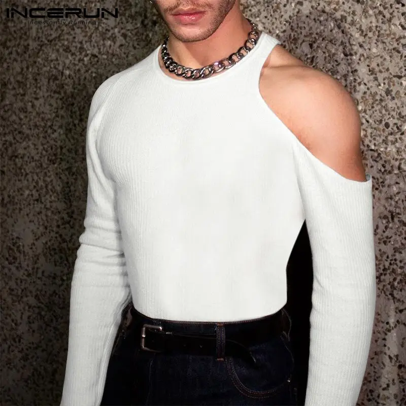 

INCERUN Men's Solid All-match Simple Camiseta Stylish Party Nightclub Style Long Sleeves Off-shoulder O-neck T-Shirts S-5XL 2021