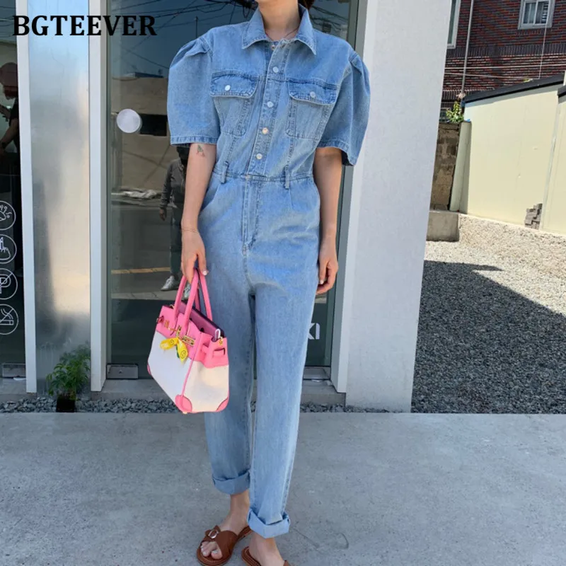 Женский джинсовый комбинезон BGTEEVER винтажный однобортный с отложным воротником и