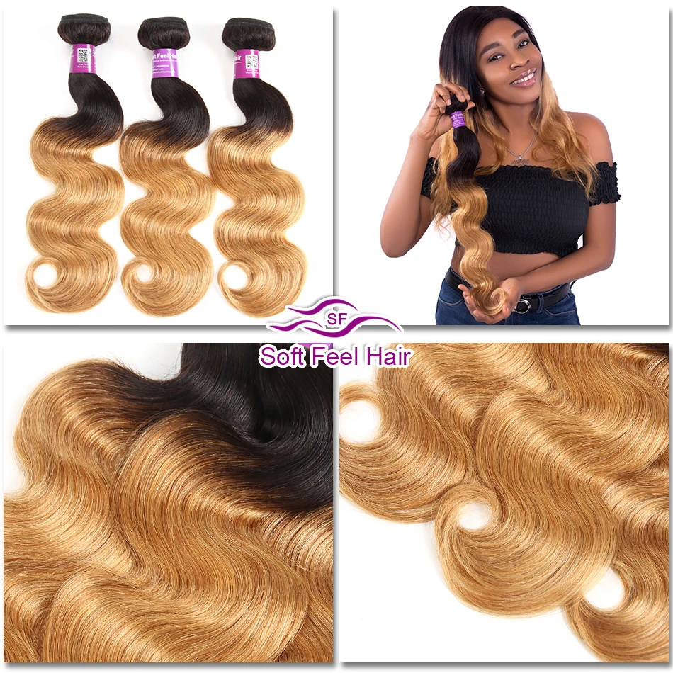 Soft Feel Hair T1B/27 Ombre Brazilian Body Wave 1/3/4 Bundles Deals Blonde Ombre Human Hair Extensions Remy Hair Weave Bundles