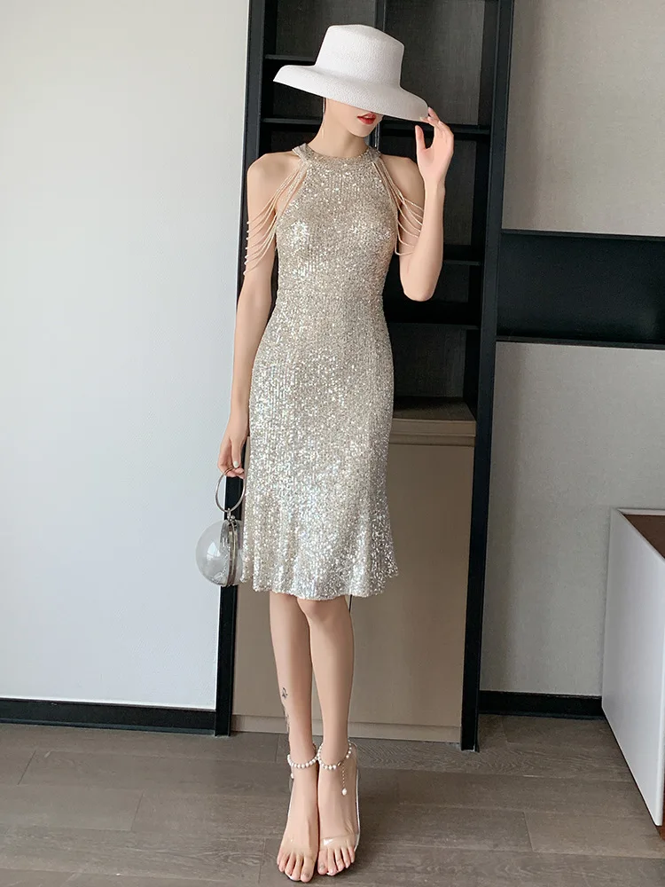 

Tassel Sexy Dress Bodycon Women New Fashion Elegant Senior Club Party Sequin Dresses Solid Strapless Sleeveless Dresses