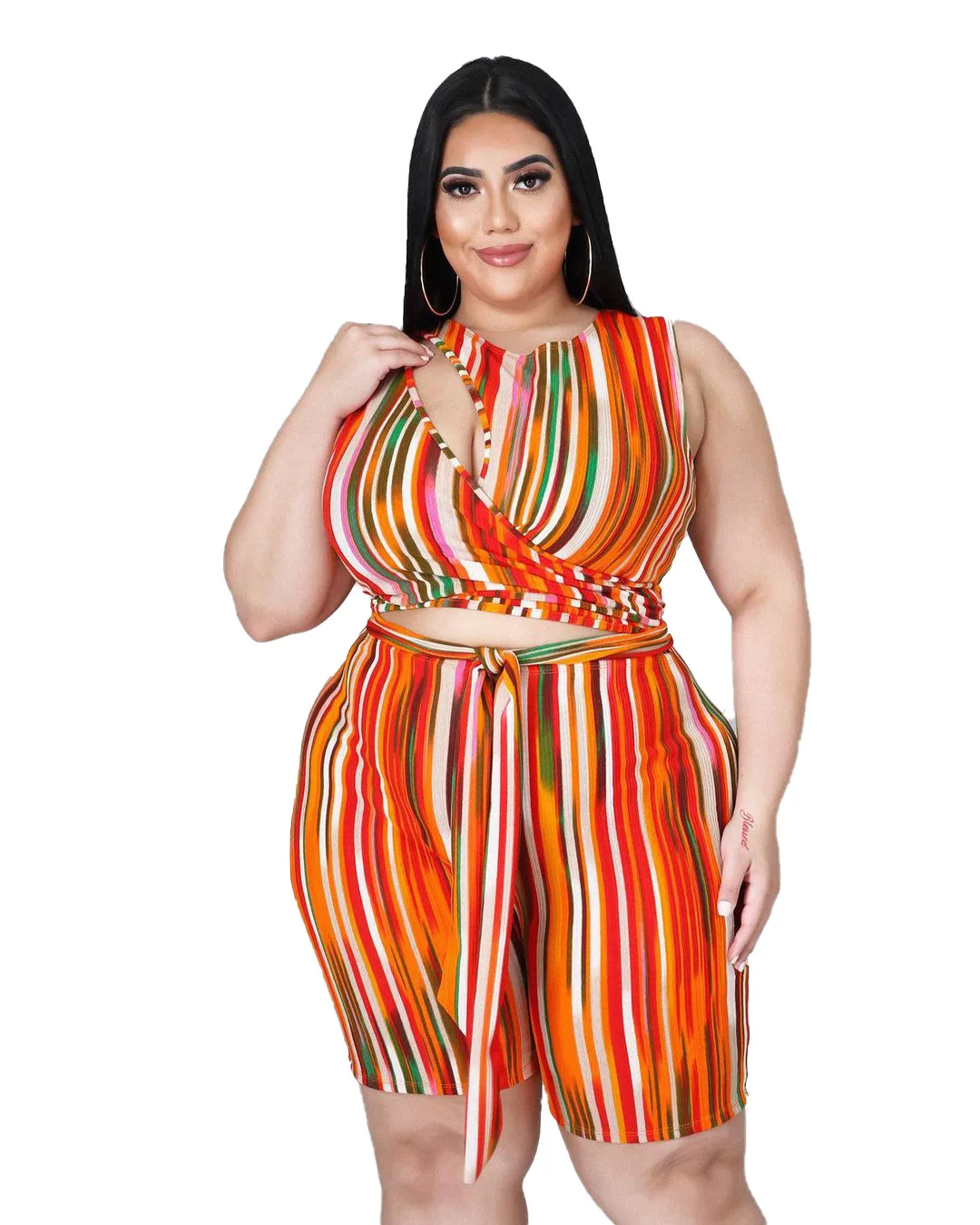

Color Striped Women Plus Size Jumpsuits 2021 Summer New O-neck Sleeveless Hollow Out Lace-up Skinny Clubwear Short Rompers