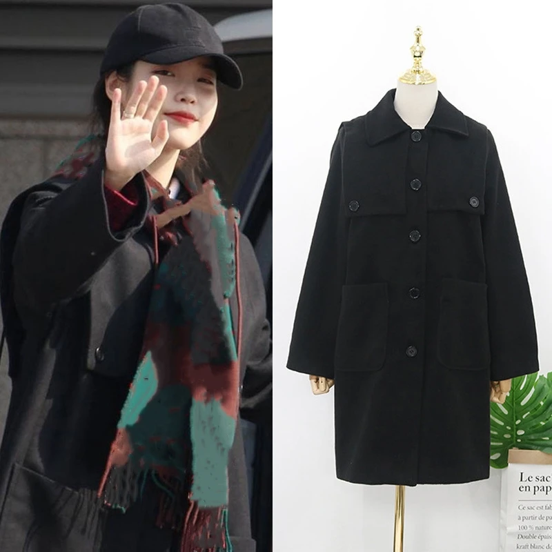 

Женская ветровка Kpop IU Lee Ji Eun, зимняя теплая Длинная ветровка с лацканами, однотонный черный Тренч в британском стиле