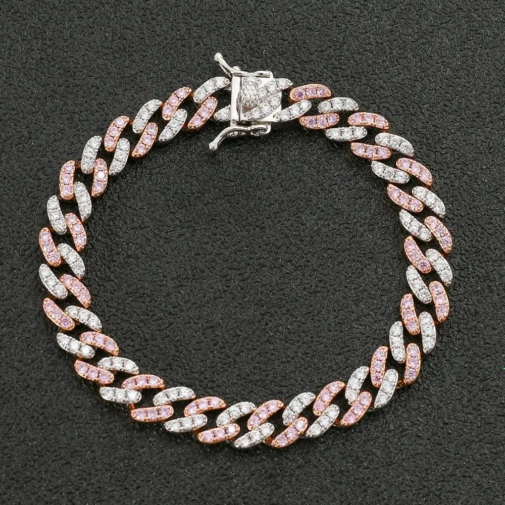 

Fashion Jewelry 9mm Pink Multi Cubic Zirconia Cuban Link Chain Bling Bracelet Hiphop Copper Bangle Iced gifts for Men Women