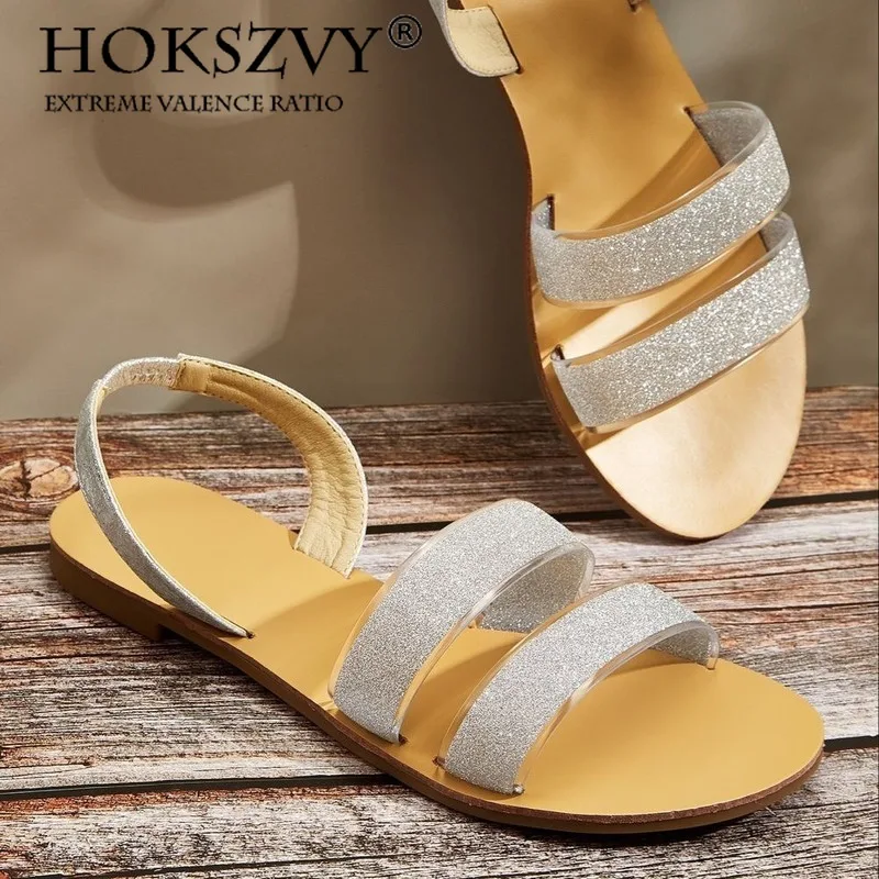 

HOKSZVY 2020 сандалии женская летняя обувь блестящие туфли на плоской подошве повседневные женские сандалии с открытым носком размера плюс 42 CGB