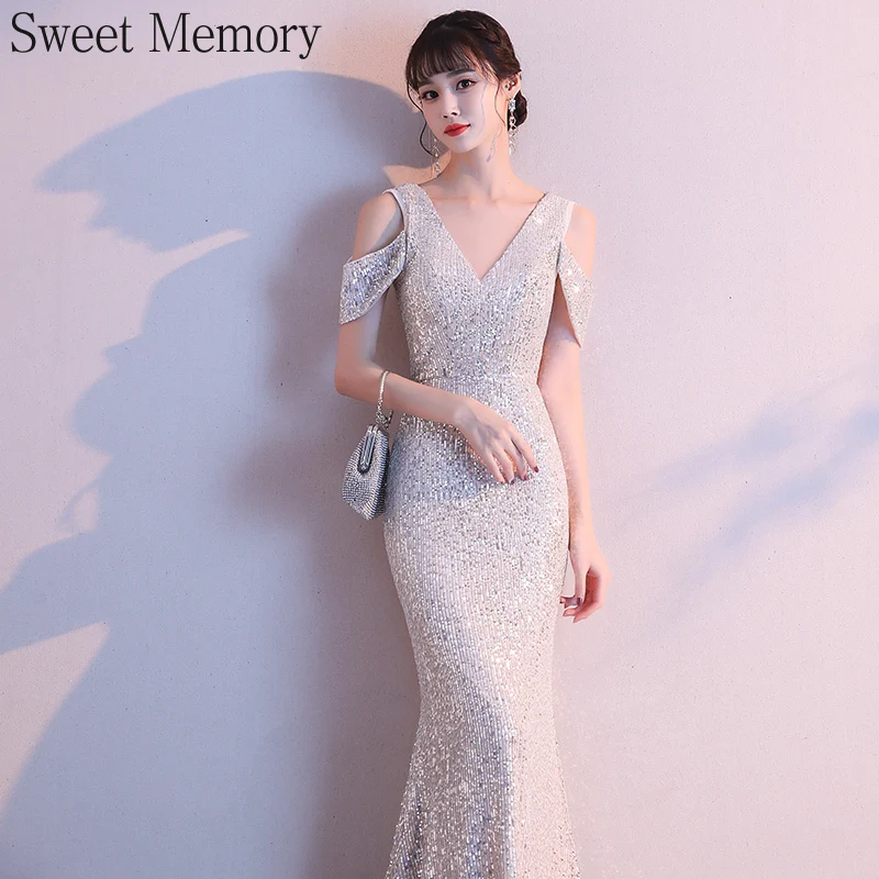 

2021 Long Evening Dresses Woman Party Night Shining Sequin Dress Floor Length Vestidos Formal Gown Mermaid Robe De Soiree