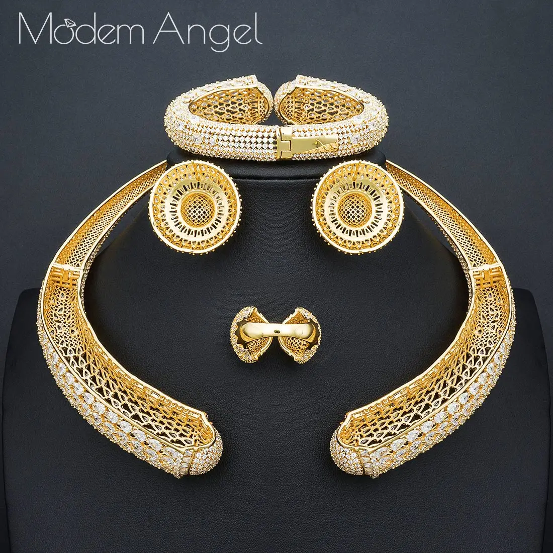 ModemAngel известный бренд диск Роскошные нигерийские Свадебные невесты кубического циркония ожерелье Дубай 4 шт. комплект ювелирных изделий