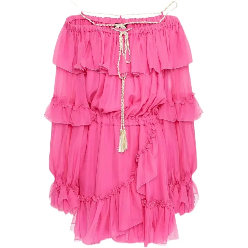 

Spring same sweet one line collar lotus leaf bright rose red Xianqi holiday dress