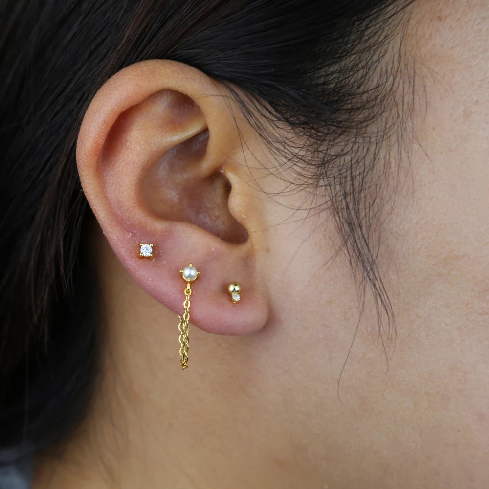 

100% 925 Sterling Silver Mini Small Sea Pearl Round Ball CZ Tassel Chain Multi Piercing Earring for women silver fine earrings