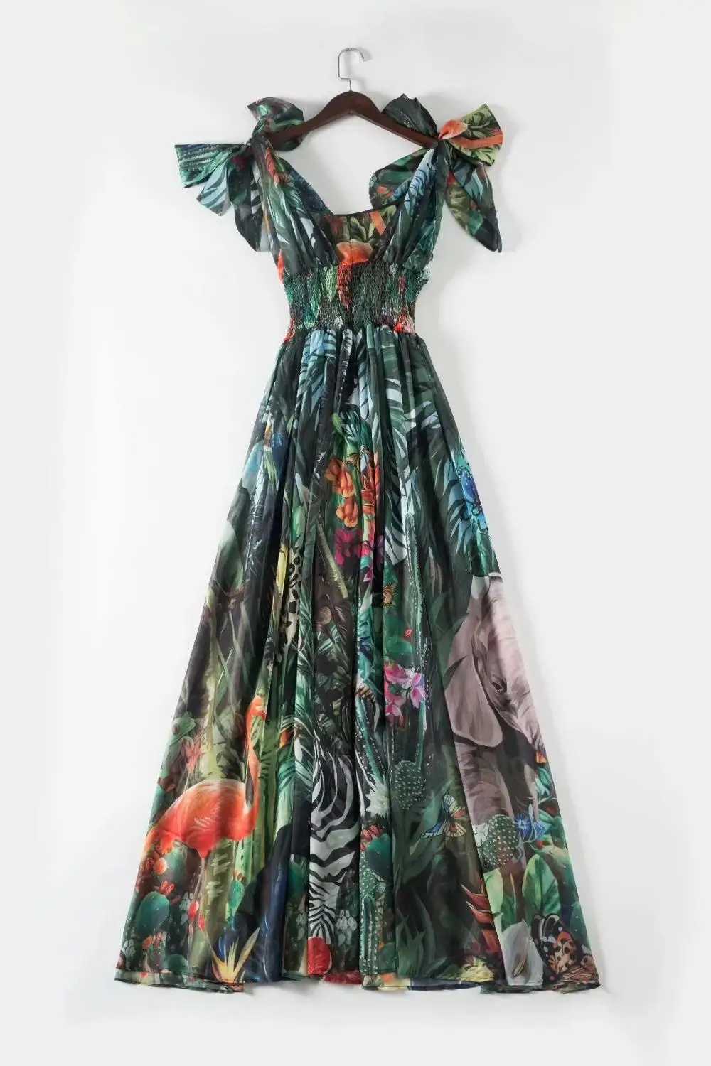 

Floor Length Dress 2020 Spring Summer Beach Women Bow Shoulders Cute Animal Prints Sleeveless Green Long Maxi Dress Silk 3XL 4XL