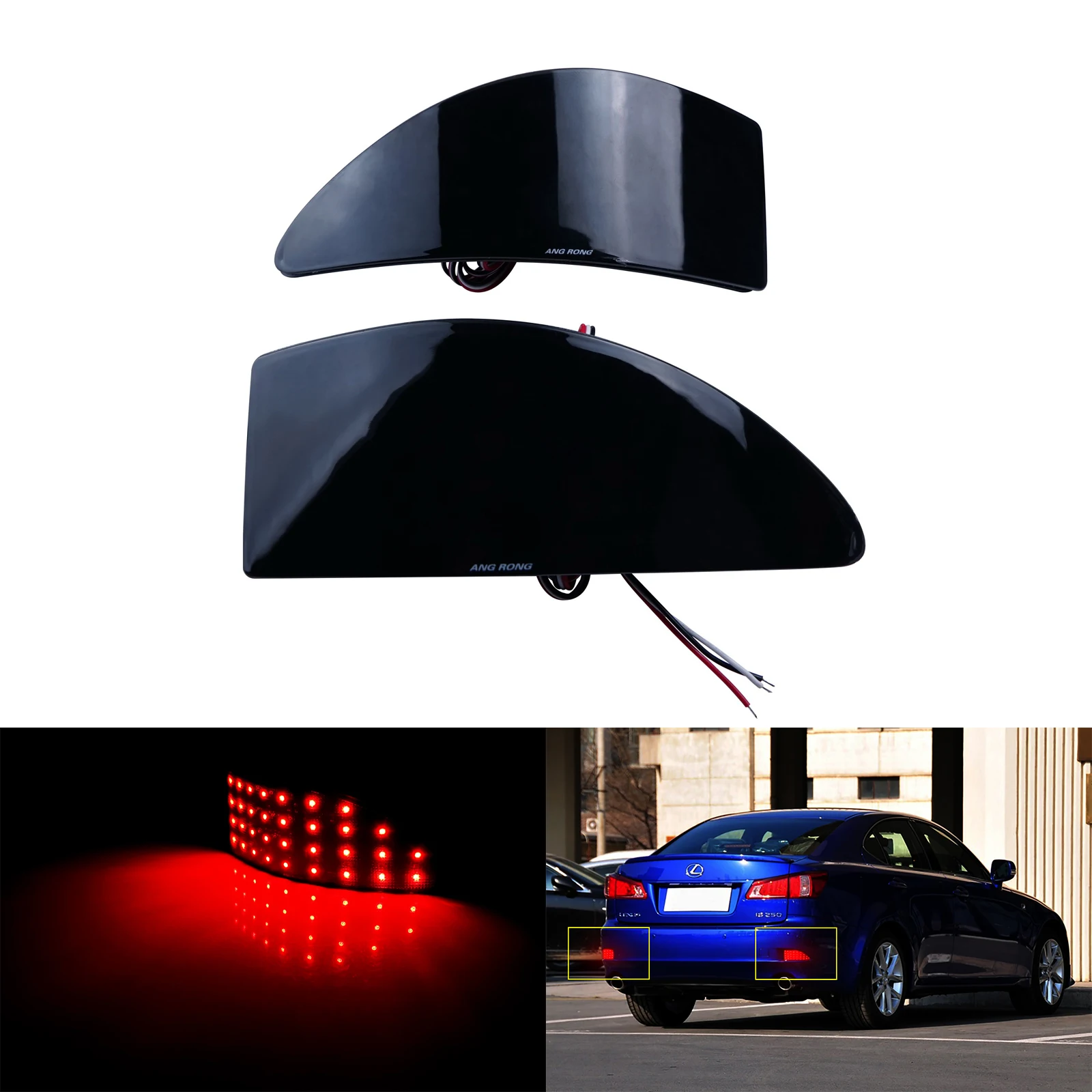 

ANGRONG 2X For Lexus IS250 IS350 06-13 LED Rear Bumper Reflector Stop Light Lamp Black Lens