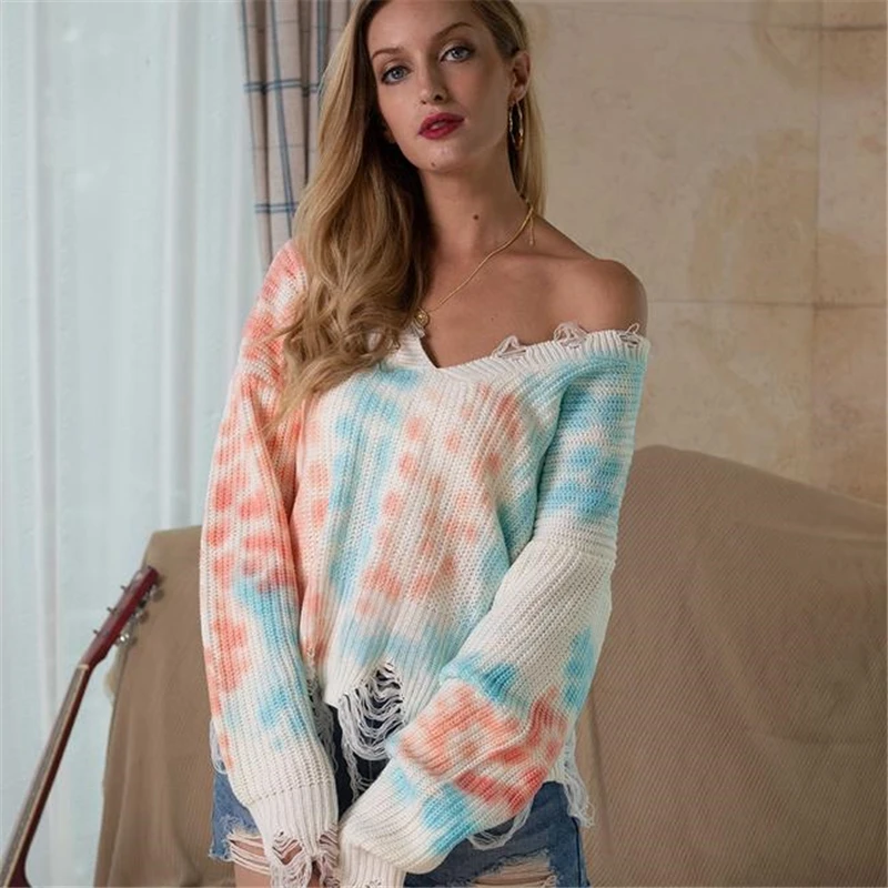 

Women Fashion Long Sleeve Knitted Sweater Tie-Dye Printed Multi-color Tops Streetwear Ladies Loose V-neck Tassel Pullover Tops
