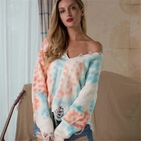 women fashion long sleeve knitted sweater tie dye printed multi color tops streetwear ladies loose v neck tassel pullover tops
