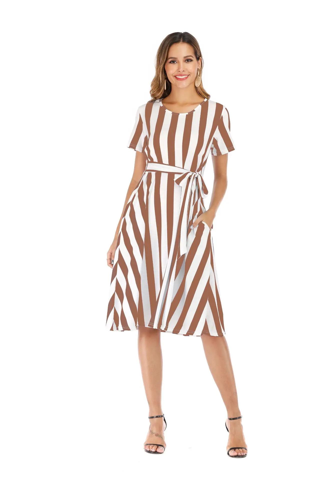 

Summer Women's Dress 2021 New Round Neck Short-sleeved Striped Lace-up Pocket Large Skirt Dress Fashion Casual Womens Clothing