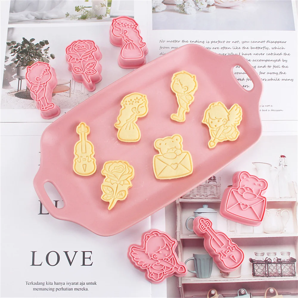 

6pcs Wedding Valentine'S Day Cookie Mould Plastic Sugar Cookie Stamp Fondant Cake Mold Biscuit Cookie Cutters Decorating Tools