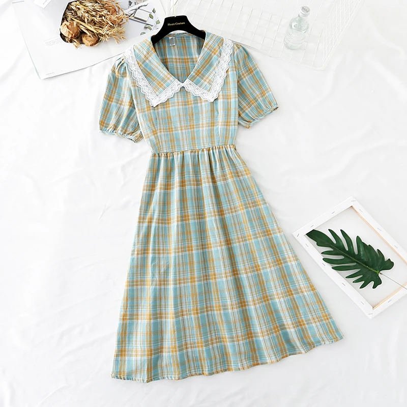 

Cotton and linen plaid dress women's summer dress 2021 new puff sleeve fairy French retro sweet first love long dress