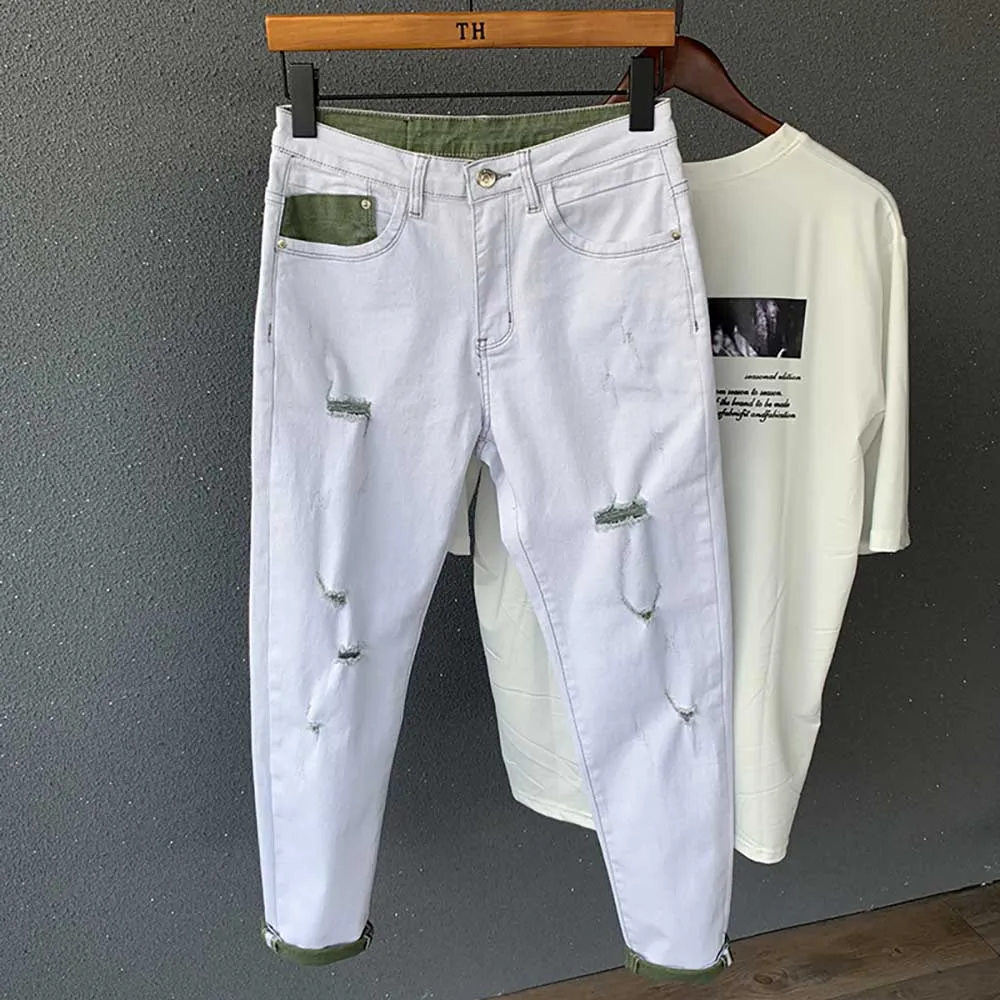 Модные белые рваные джинсы Мужские обтягивающие джинсовые штаны облегающие