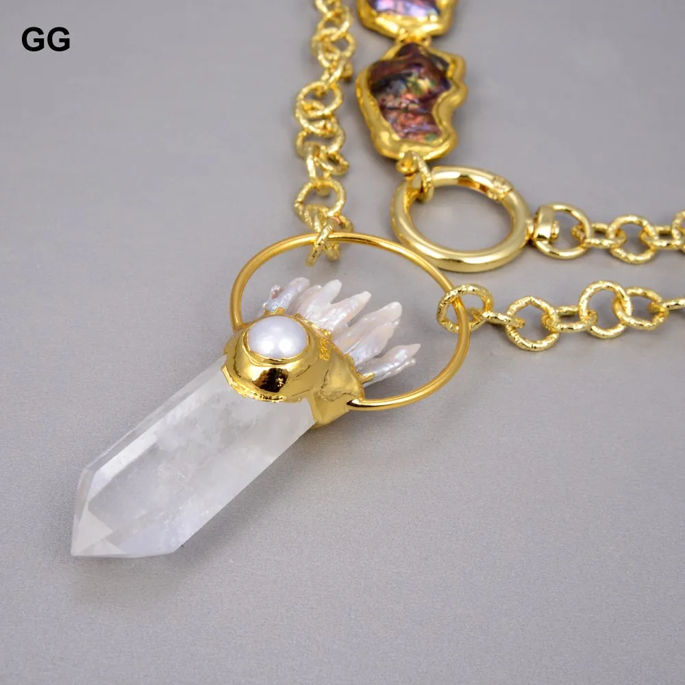 

GuaiGuai Jewelry Natural Cultured Black Keshi Baroque Pearl Chain Necklace Clear Quartzs Pendant Necklace For Women