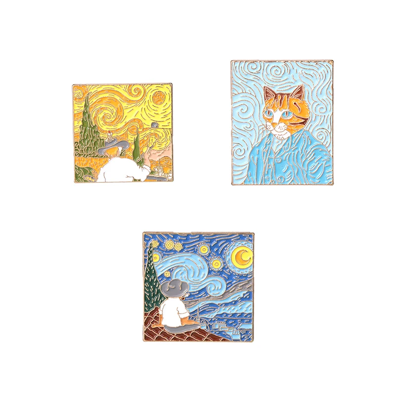 

Famous Painting Enamel Pins Cat Self Portrait Wheatfield Star Night Brooches Funny Art Badges Gift for Painter Wholesale