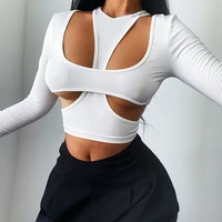 sports style long sleeved top autumn new sexy stitching hollow shoulder strap two piece set gym tank top women crop tops