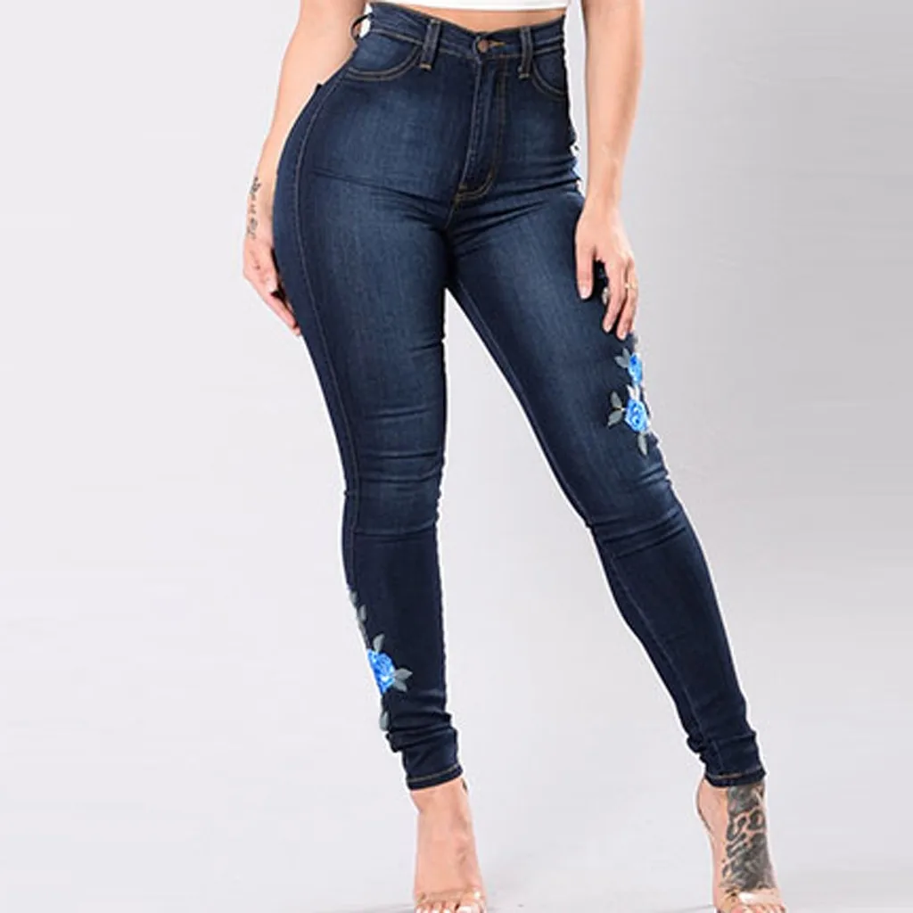 

Jeans Women High Waist Ladies Embroidered With High Elasticity Straight Barrel Long Pants Fashion Casual Tight Legs Jeans Pants