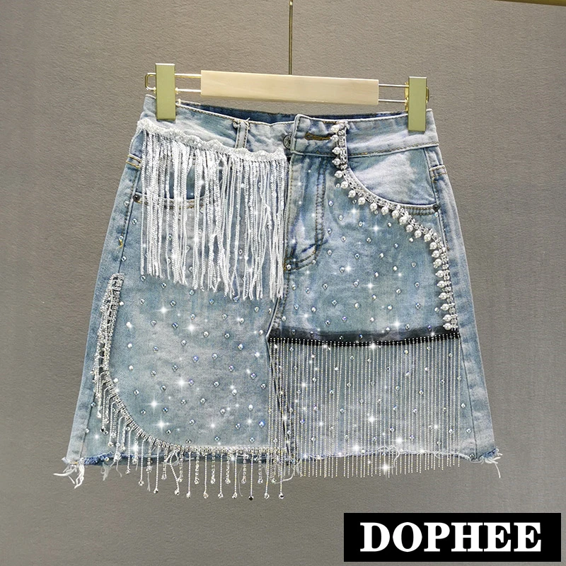 

Short Denim Skirt Female 2020 Summer New Ins High Waist Slimming Heavy Rhinestone Tassel A-Line Skirt Ladies Jeans Skirts