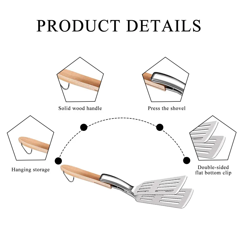 

2in1 BBQ Spatula Food Steak Clip Shovel Stainless Steel Fried Egg Bread Meat Tongs With Long Handle For Outdoor Kitchen Barbecue