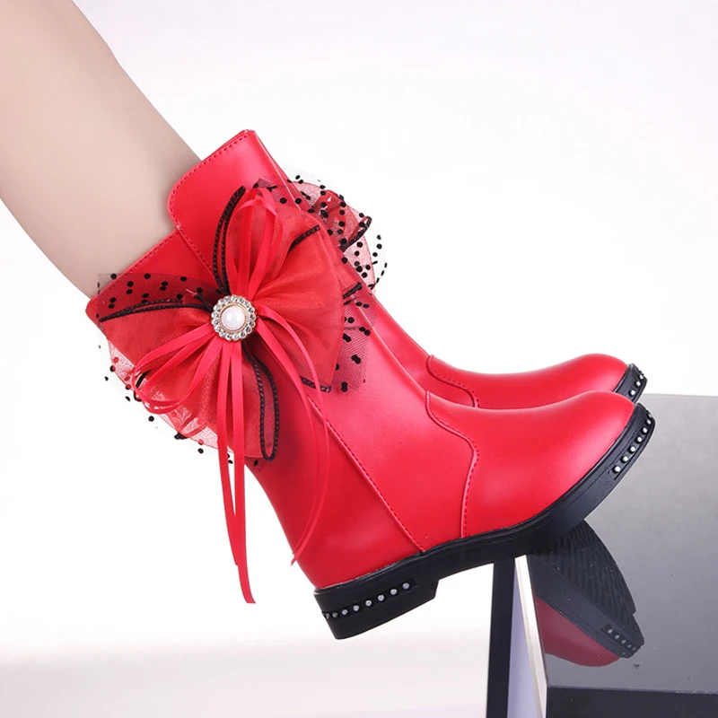 Высококачественные зимние сапоги до середины икры с бантом ботинки на плоской