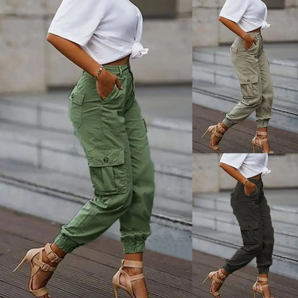 

2020 New Stylish Women Multi Pockets High Waist Pants Trousers Loose Cargo Casual Sports Sweatpants