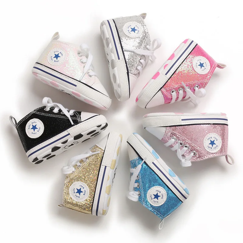 

Baby Shoes Newborn fashion Shining Canvas Boy Girl Shoes Cool First Walkers Crib Shoe White Soft Anti-Slip Sole Toddler Infant
