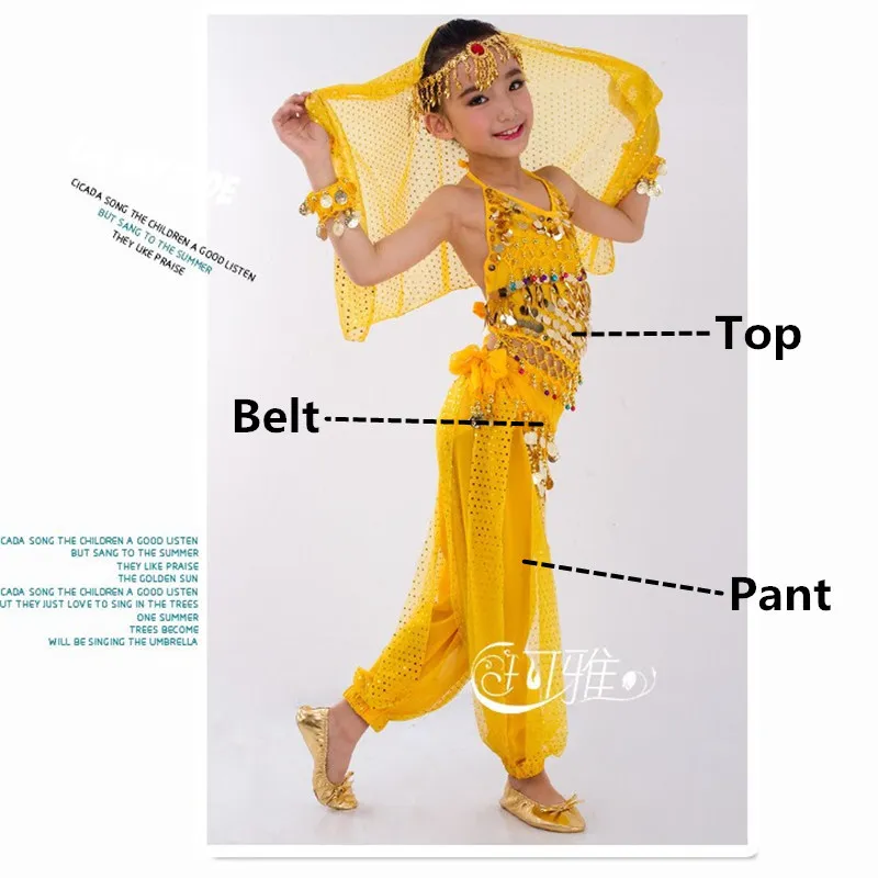 Yellow 3PCS Детский костюм для танца живота, карнавал, Египетский костюм с поясом, детская одежда для индийского танца, одежда для девочек, комплект одежды для танца живота для выступлений в Болливуде - Цвет: Yellow 3PCS
